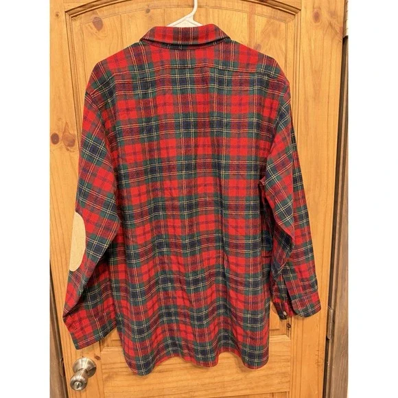 Pendleton Wool Plaid‎ Shirt Red Green Elbow Patches USA Vintage Academia M - Picture 2 of 5
